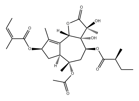 (Z)-2-メチル-2-ブテン酸(3S)-6α-アセトキシ-2,3,3a,4,5,6,6aα,7,8,9bβ-デカヒドロ-3,3aα-ジヒドロキシ-3,6β,9-トリメチル-4β-[(S)-2-メチル-1-オキソブトキシ]-2-オキソアズレノ[4,5-b]フラン-8β-イル 化学構造式