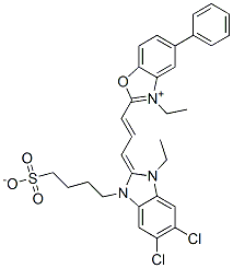 2-[3-[5,6-dichloro-1-ethyl-1,3-dihydro-3-(4-sulphonatobutyl)-2H-benzimidazol-2-ylidene]prop-1-enyl]-3-ethyl-5-phenylbenzoxazolium 结构式