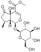 1α-(β-D-グルコピラノシルオキシ)-1,4a,5,6,7,7aα-ヘキサヒドロ-4aα-ヒドロキシ-7α-メチル-5-オキソシクロペンタ[c]ピラン-4-カルボン酸メチル 化学構造式