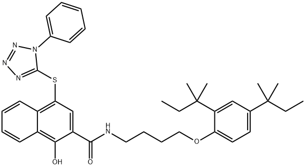 N-[4-[2,4-bis(2-methylbutan-2-yl)phenoxy]butyl]-1-hydroxy-4-(1-phenylt etrazol-5-yl)sulfanyl-naphthalene-2-carboxamide Struktur