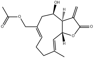 (3aR,4R,6Z,10E,11aR)-6-Acetoxymethyl-3a,4,5,8,9,11a-hexahydro-4-hydroxy-10-methyl-3-methylenecyclodeca[b]furan-2(3H)-one Struktur