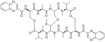N-(2-キノキサリニルカルボニル)シクロ(D-Ser*-Ala-N-メチル-L-Cys(1)-N-メチル-L-Val-N-(キノキサリン-2-イルカルボニル)-D-Ser*-Ala-N-メチル-3-メチルチオ-L-Ala(1)-N-メチル-L-Val-) 化学構造式