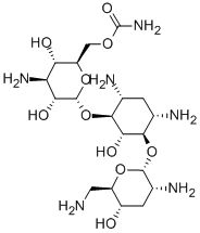 6-O-(3-アミノ-6-カルバモイル-3-デオキシ-α-D-グルコピラノシル)-4-O-(2,6-ジアミノ-2,3,6-トリデオキシ-α-D-ribo-ヘキソピラノシル)-2-デオキシ-D-ストレプタミン 化学構造式