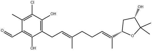 (-)-3-Chloro-4,6-dihydroxy-2-methyl-5-[(2E,6E)-3-methyl-7-[(2S,4S)-tetrahydro-4-hydroxy-5,5-dimethylfuran-2-yl]-2,6-octadienyl]benzaldehyde 结构式