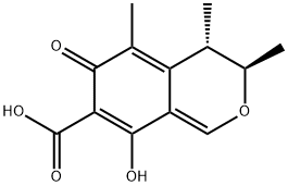 (3R)-3α,4β,5-トリメチル-6-オキソ-8-ヒドロキシ-3,4-ジヒドロ-6H-2-ベンゾピラン-7-カルボン酸 化学構造式