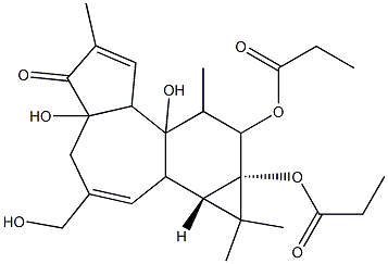 (1aR)-1,1aα,1bβ,4,4a,7aα,7b,8,9,9a-デカヒドロ-4aβ,7bα,9β,9aα-テトラヒドロキシ-3-(ヒドロキシメチル)-1,1,6,8α-テトラメチル-5H-シクロプロパ[3,4]ベンゾ[1,2-e]アズレン-5-オン9,9a-ジプロピオナート 化学構造式