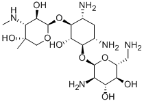 6-O-[4-C-メチル-3-(メチルアミノ)-3-デオキシ-β-L-アラビノピラノシル]-4-O-(2,6-ジアミノ-2,6-ジデオキシ-α-D-グルコピラノシル)-2-デオキシ-D-ストレプタミン 化学構造式