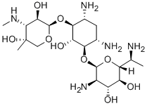 4-O-(2,6-ジアミノ-2,6,7-トリデオキシ-α-L-glycero-D-gluco-ヘプトピラノシル)-6-O-[4-C-メチル-3-(メチルアミノ)-3-デオキシ-β-L-アラビノピラノシル]-2-デオキシ-D-ストレプタミン 化学構造式