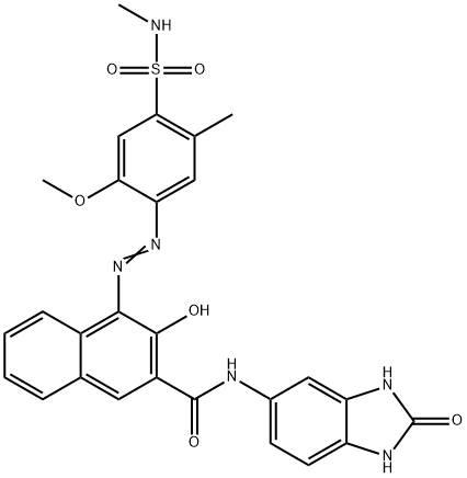N-(2,3-二氢-2-氧代-1H-苯并咪唑-5-基)-3-羟基-4-[[2-甲氧基-5-甲基-4-[(甲氨基)磺酰基]苯基]偶氮]萘-2-甲酰胺 结构式