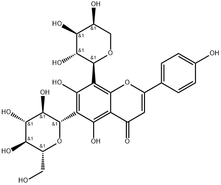 4',5,7-トリヒドロキシ-6-(β-D-グルコピラノシル)-8-(α-L-アラビノピラノシル)フラボン 化学構造式