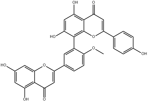 5,7-ジヒドロキシ-8-[2-メトキシ-5-(5,7-ジヒドロキシ-4-オキソ-4H-1-ベンゾピラン-2-イル)フェニル]-2-(4-ヒドロキシフェニル)-4H-1-ベンゾピラン-4-オン 化学構造式