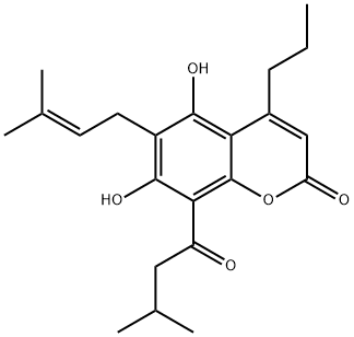 4-プロピル-5,7-ジヒドロキシ-6-(3-メチル-2-ブテニル)-8-(3-メチルブチリル)-2H-1-ベンゾピラン-2-オン 化学構造式