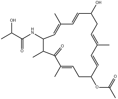 N-(12-アセトキシ-6-ヒドロキシ-3,9,15,17-テトラメチル-16-オキソシクロヘプタデカ-2,4,8,10,14-ペンタエン-1-イル)-2-ヒドロキシプロパンアミド 化学構造式