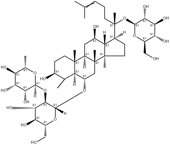 6α-[2-O-(α-L-ラムノピラノシル)-β-D-グルコピラノシルオキシ]-20-(β-D-グルコピラノシルオキシ)ダンマラ-24-エン-3β,12β-ジオール 化学構造式