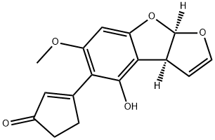 3-[(3aS,8aR)-3a,8a-ジヒドロ-6-メトキシ-4-ヒドロキシフロ[2,3-b]ベンゾフラン-5-イル]-2-シクロペンテン-1-オン 化学構造式