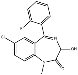 7-chloro-5-(2-fluorophenyl)-1,3-dihydro-3-hydroxy-1-methyl-2H-1,4-benzodiazepin-2-one Struktur