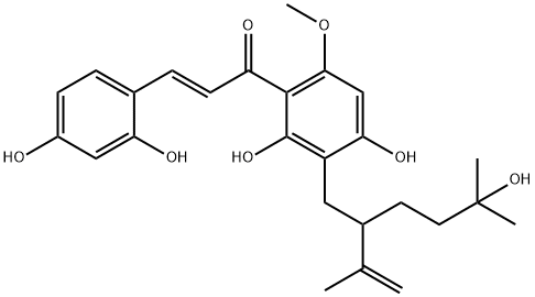 (2E)-1-[2,4-ジヒドロキシ-3-[5-ヒドロキシ-5-メチル-2-(1-メチルエテニル)ヘキシル]-6-メトキシフェニル]-3-(2,4-ジヒドロキシフェニル)-2-プロペン-1-オン 化学構造式