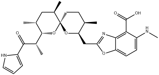 ビス[5-メチルアミノ-2-[[(6S)-3β,9α,11β-トリメチル-8α-[(S)-1-メチル-2-オキソ-2-(1H-ピロール-2-イル)エチル]-1,7-ジオキサスピロ[5.5]ウンデカ-2β-イル]メチル]-4-ベンゾオキサゾールカルボン酸]カルシウム 化学構造式