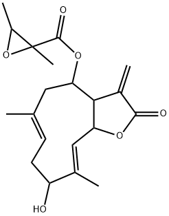 2,3-Dimethyl-2-oxiranecarboxylic acid 2,3,3a,4,5,8,9,11a-octahydro-9-hydroxy-6,10-dimethyl-3-methylene-2-oxocyclodeca[b]furan-4-yl ester Struktur