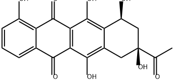 8β-アセチル-7,8,9,10-テトラヒドロ-1,6,8α,10α,11-ペンタヒドロキシ-5,12-ナフタセンジオン 化学構造式