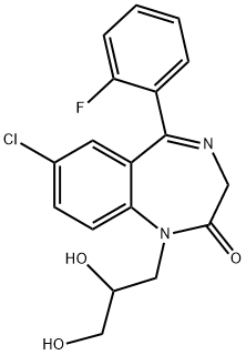 7-クロロ-1-(2,3-ジヒドロキシプロピル)-5-(2-フルオロフェニル)-1,3-ジヒドロ-2H-1,4-ベンゾジアゼピン-2-オン 化学構造式