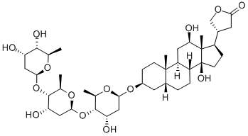 12β,14β-ジヒドロキシ-5β-カルダノリド-3β-イル4-O-[4-O-(2,6-ジデオキシ-β-D-アルトロピラノシル)-2,6-ジデオキシ-β-D-アルトロピラノシル]-2,6-ジデオキシ-β-D-アルトロピラノシド 化学構造式