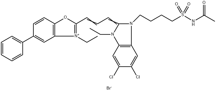 53014-11-2 2-[3-[1-[4-[(acetamido)sulphonyl]butyl]-5,6-dichloro-3-ethyl-1,3-dihydro-2H-benzimidazol-2-ylidene]prop-1-enyl]-3-ethyl-5-phenylbenzoxazolium bromide