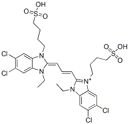 5,6-dichloro-2-[3-[5,6-dichloro-1-ethyl-1,3-dihydro-3-(4-sulphobutyl)-2H-benzimidazol-2-ylidene]-1-propenyl]-1-ethyl-3-(4-sulphobutyl)-1H-benzimidazolium,53332-87-9,结构式