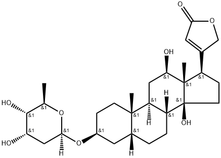 3β-[(2,6-ジデオキシ-β-D-ribo-ヘキソピラノシル)オキシ]-12β,14-ジヒドロキシ-5β,14β-カルダ-20(22)-エノリド 化学構造式
