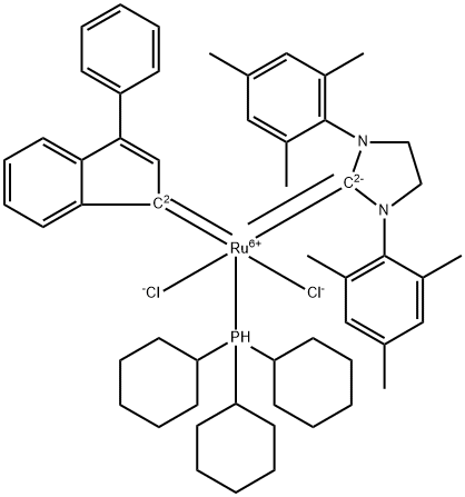Tricyclohexylphosphine[3-phenyl-1H-inden-1-ylidene][1,3-bis(2,4,6-triMethylphenyl)-4,5-dihydroiMidazol-2-ylidene]rutheniuM(II) Struktur