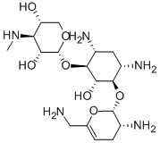 6-O-[3-デオキシ-3-(メチルアミノ)-α-D-キシロピラノシル]-4-O-(2,6-ジアミノ-2,3,4,6-テトラデオキシ-α-D-glycero-ヘキサ-4-エノピラノシル)-2-デオキシ-D-ストレプタミン 化学構造式