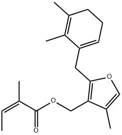 4-Methyl-2-[(2,3-dimethyl-2,6(1)-cyclohexadiene-1-yl)methyl]-3-[[[(Z)-2-methyl-2-butenoyl]oxy]methyl]furan Struktur