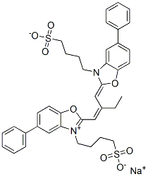 hydrogen 5-phenyl-2-[2-[[5-phenyl-3-(4-sulphonatobutyl)-3H-benzoxazol-2-ylidene]methyl]but-1-enyl]-3-(4-sulphonatobutyl)benzoxazolium, monosodium salt Struktur