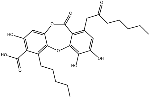 3,4,8-Trihydroxy-11-oxo-1-(2-oxoheptyl)-6-pentyl-11H-dibenzo[b,e][1,4]dioxepin-7-carboxylic acid Struktur