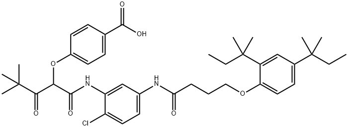 4-[1-[[[5-[[4-[2,4-ビス(1,1-ジメチルプロピル)フェノキシ]-1-オキソブチル]アミノ]-2-クロロフェニル]アミノ]カルボニル]-3,3-ジメチル-2-オキソブトキシ]安息香酸 化学構造式