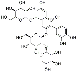 2-(3,4-Dihydroxyphenyl)-5-(beta-D-glucopyranosyloxy)-7-hydroxy-3-[(2-O-beta-D-xylopyranosyl-beta-D-glucopyranosyl)oxy]-1-benzopyrylium chloride Struktur