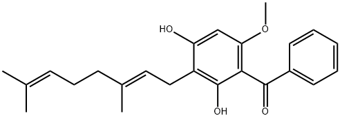 [3-[(2E)-3,7-ジメチルオクタ-2,6-ジエニル]-2,4-ジヒドロキシ-6-メトキシフェニル]フェニルメタノン 化学構造式