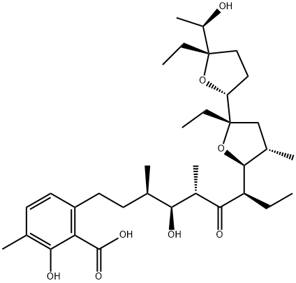 6-[(3R,4S,5S,7R)-7-[(2S,2'R,4S,5S,5'S)-2,5'-Diethyloctahydro-5'-[(R)-1-hydroxyethyl]-4-methyl[2,2'-bifuran]-5-yl]-4-hydroxy-3,5-dimethyl-6-oxononyl]-2-hydroxy-3-methylbenzoic acid Struktur