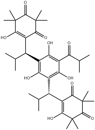 4,4'-[[2,4,6-トリヒドロキシ-5-(2-メチル-1-オキソプロピル)-1,3-フェニレン]ビス(2-メチルプロパン-1,1-ジイル)]ビス[5-ヒドロキシ-2,2,6,6-テトラメチル-4-シクロヘキセン-1,3-ジオン] 化学構造式