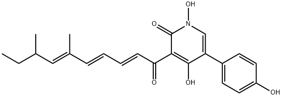 3-[(2E,4E,6E)-6,8-ジメチル-1-オキソ-2,4,6-デカトリエニル]-1,4-ジヒドロキシ-5-(4-ヒドロキシフェニル)ピリジン-2(1H)-オン 化学構造式