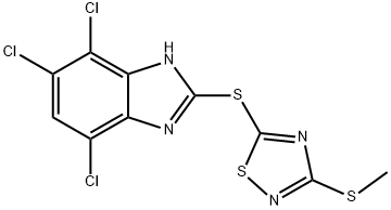 4,5,7-トリクロロ-2-[[3-(メチルチオ)-1,2,4-チアジアゾール-5-イル]チオ]-1H-ベンゾイミダゾール 化学構造式