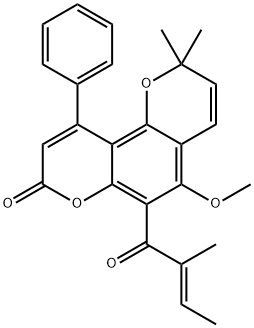 5-メトキシ-6-[(E)-2-メチル-2-ブテノイル]-2,2-ジメチル-10-フェニル-2H,8H-ベンゾ[1,2-b:3,4-b′]ジピラン-8-オン 化学構造式
