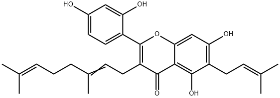 2-(2,4-ジヒドロキシフェニル)-3-(3,7-ジメチル-2,6-オクタジエニル)-5,7-ジヒドロキシ-6-(3-メチル-2-ブテニル)-4H-1-ベンゾピラン-4-オン 化学構造式