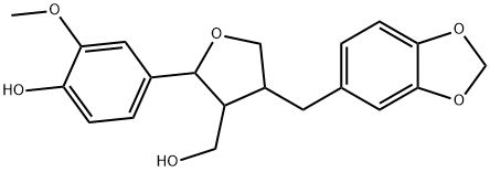 テトラヒドロ-4-(1,3-ベンゾジオキソール-5-イルメチル)-2-(4-ヒドロキシ-3-メトキシフェニル)-3-フランメタノール 化学構造式