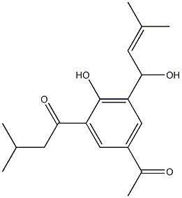(-)-1-[5-アセチル-2-ヒドロキシ-3-(1-ヒドロキシ-3-メチル-2-ブテニル)フェニル]-3-メチル-1-ブタノン 化学構造式