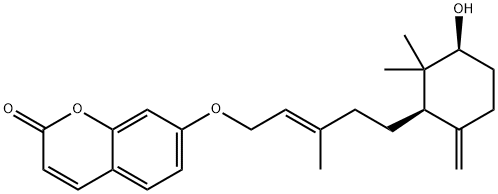 7-[[(E)-5-[(1S,3R)-3-ヒドロキシ-2,2-ジメチル-6-メチレンシクロヘキシル]-3-メチル-2-ペンテニル]オキシ]-2H-1-ベンゾピラン-2-オン 化学構造式