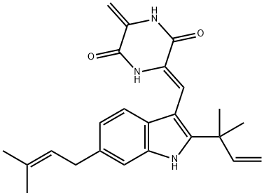 (3Z)-3-[[2-(1,1-ジメチル-2-プロペニル)-6-(3-メチル-2-ブテニル)-1H-インドール-3-イル]メチレン]-6-メチレン-2,5-ピペラジンジオン 化学構造式