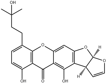 (3aS,12aR)-3a,12a-ジヒドロ-4,6-ジヒドロキシ-9-(3-ヒドロキシ-3-メチルブチル)-5H-フロ[3',2':4,5]フロ[3,2-b]キサンテン-5-オン 化学構造式