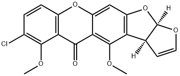 [3aS,(-)]-7-クロロ-3aα,12aα-ジヒドロ-4,6-ジメトキシ-5H-フロ[3',2':4,5]フロ[3,2-b]キサンテン-5-オン 化学構造式