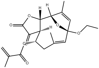 2-メチルプロペン酸[(3aR,4S,6Z,8S,11S,11aS)-8-エトキシ-2,3,3a,4,5,8,11,11a-オクタヒドロ-6,10-ジメチル-3-メチレン-2-オキソ-8,11-エポキシシクロデカ[b]フラン-4-イル] 化学構造式